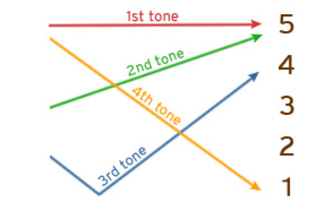 The four Mandarin tones drawn on a five-level pitch scale, the way tone charts usually present them
